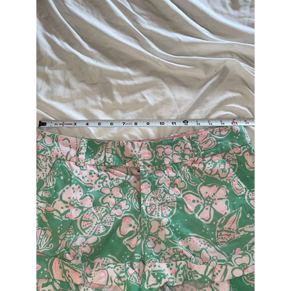 Lilly Pulitzer Barclay Chino Shorts Green Pink Floral Shell Print Womens 8